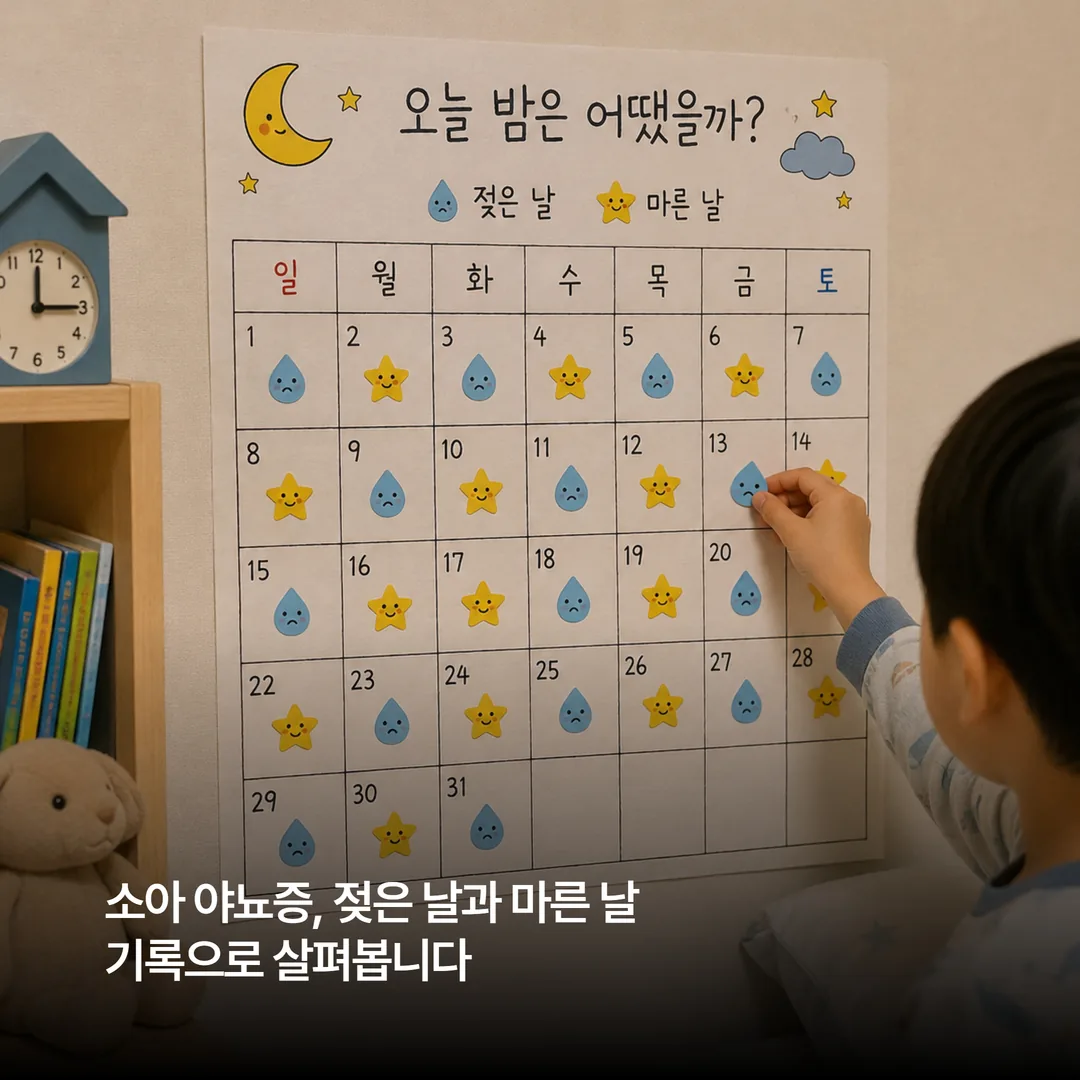 야뇨증 아이의 젖은 날과 마른 날을 달력에 기록한 모습