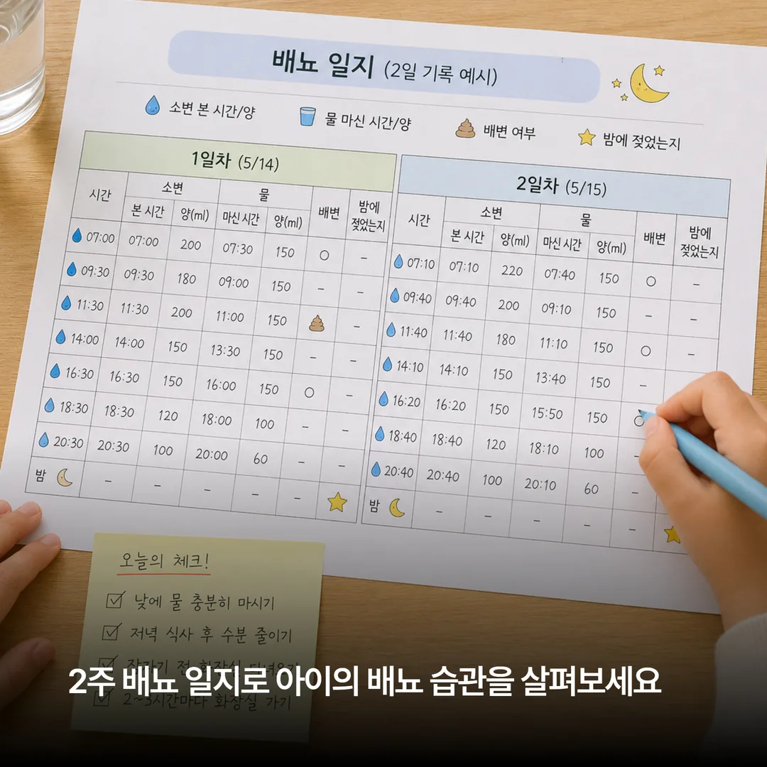 이틀치 배뇨 일지를 손으로 기록한 양식