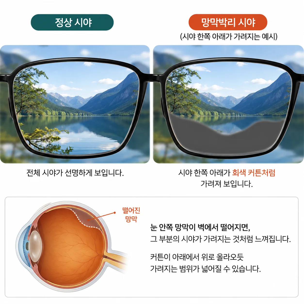 망막박리에서 시야 일부가 커튼처럼 가려지는 증상을 표현한 도해
