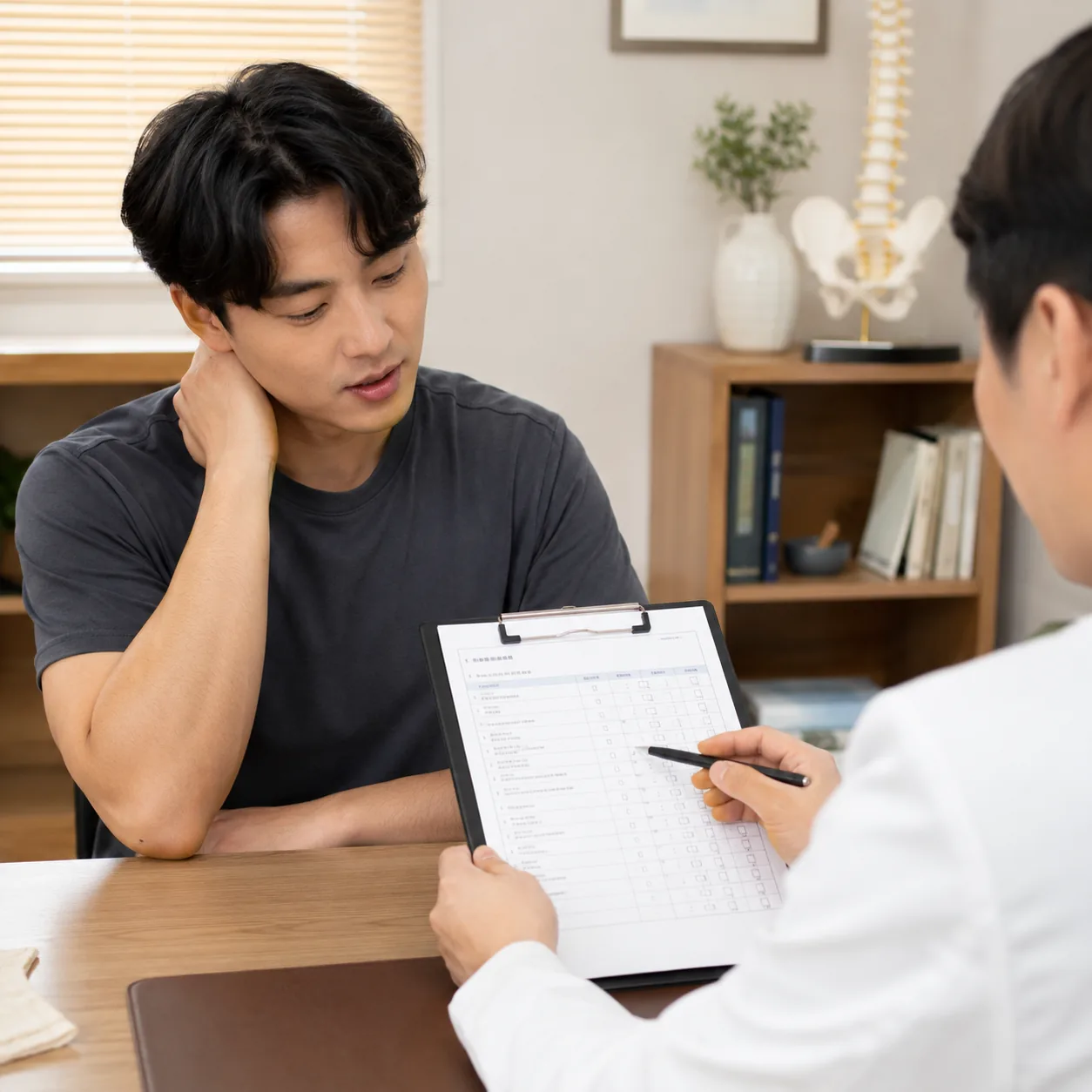 전주 덕진구 한의원에서 교통사고 후 증상 기록을 확인하는 상담 장면