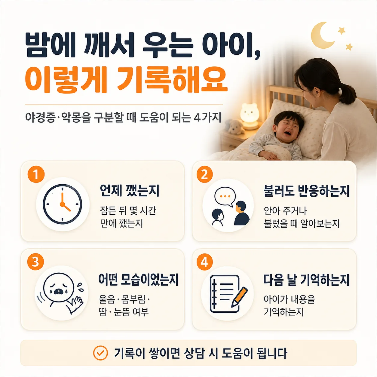 아이가 밤에 깨서 울 때 확인할 깨는 시각 기억 여부 달랠 때 반응 우는 양상 네 가지 항목 안내도