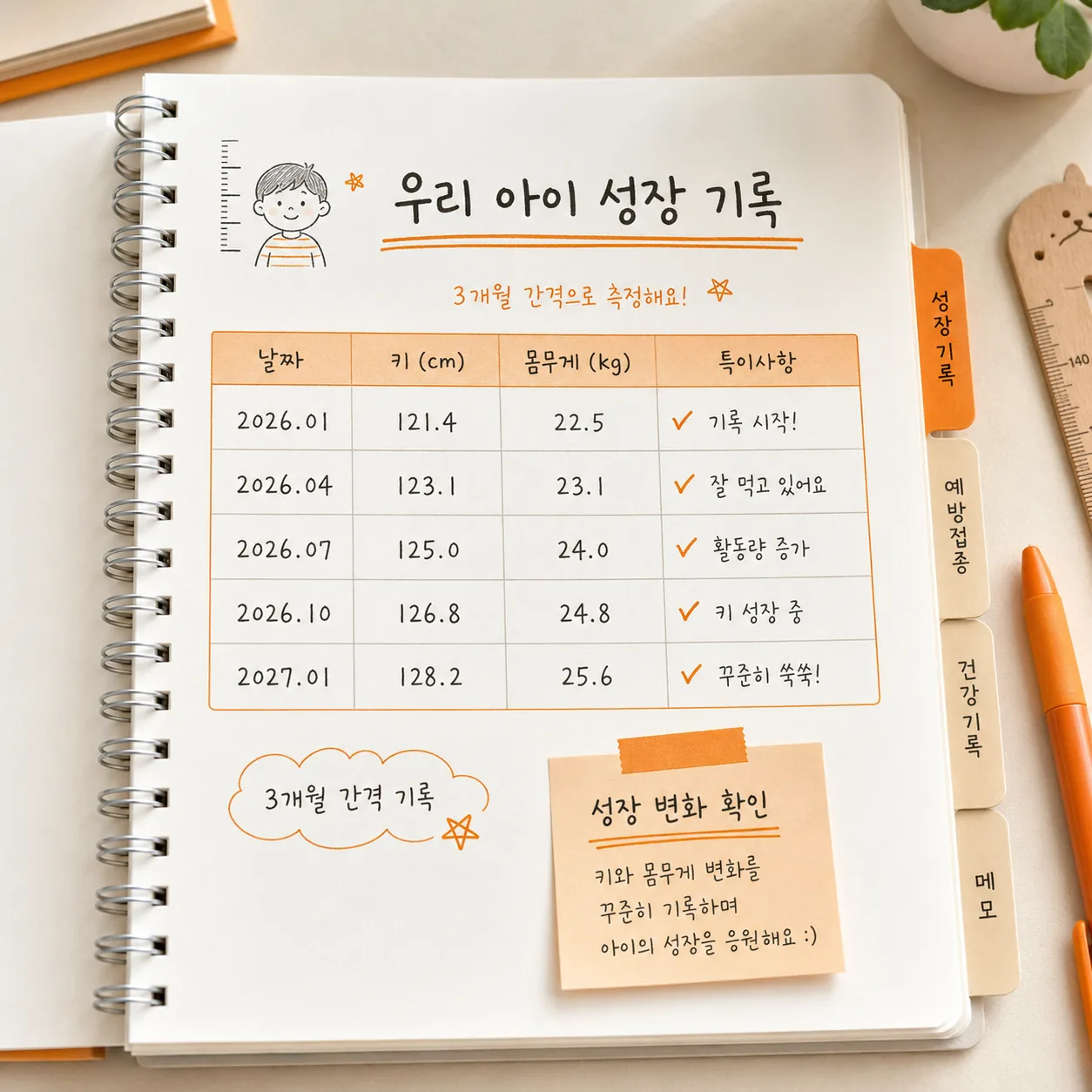 3개월 간격으로 날짜와 키를 기록한 아이 성장 노트