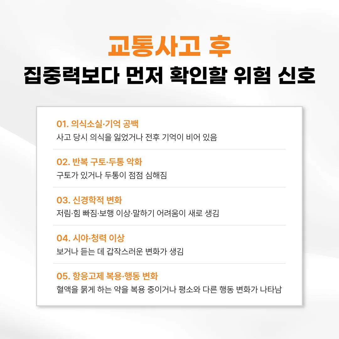 의식소실 기억 공백 반복 구토 항응고제 복용 증상 악화 등 사고 후 위험 신호 목록
