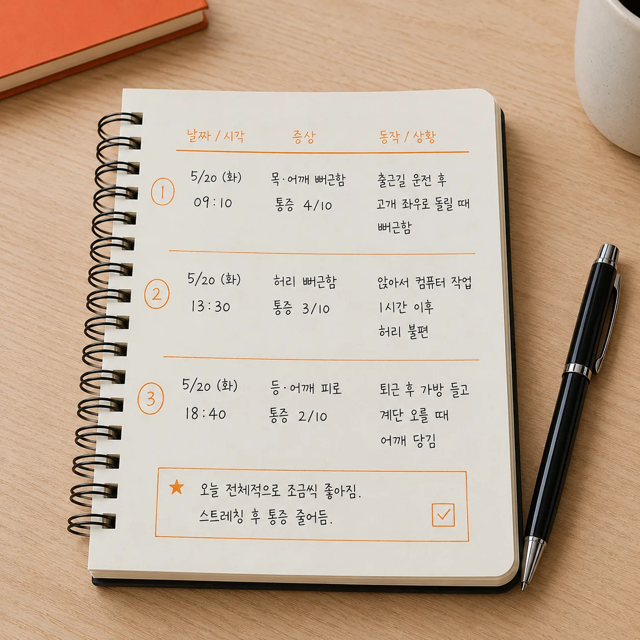 교통사고 후 증상 기록을 하루 세 줄로 남긴 예시