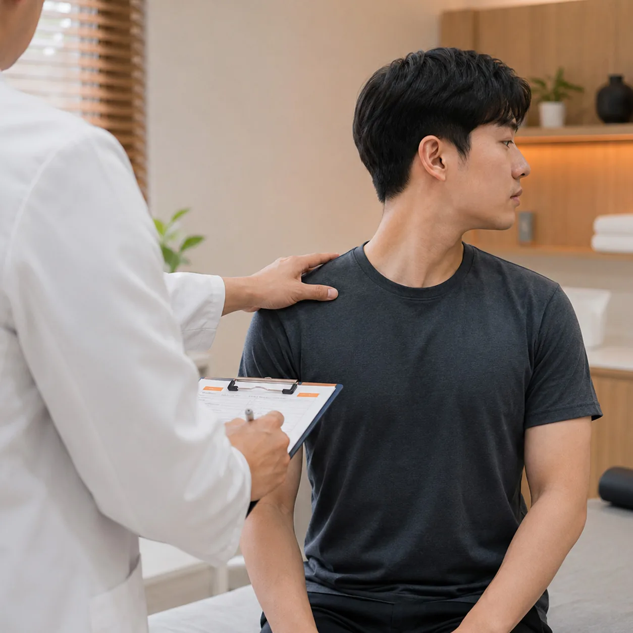 교통사고 진료 첫날 목 가동범위를 확인하는 모습