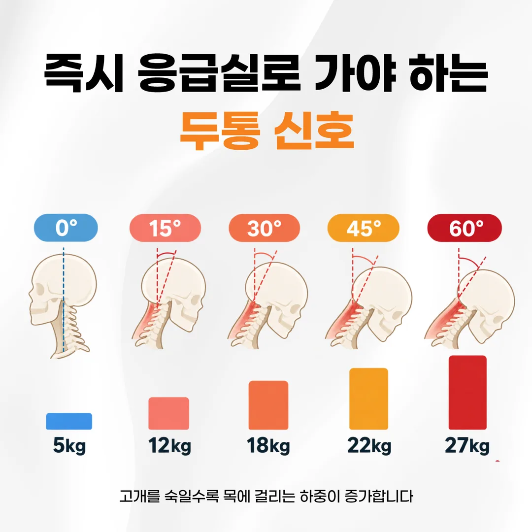 고개를 숙인 각도가 커질수록 목에 걸리는 하중이 5kg에서 27kg까지 늘어나는 비교 그림