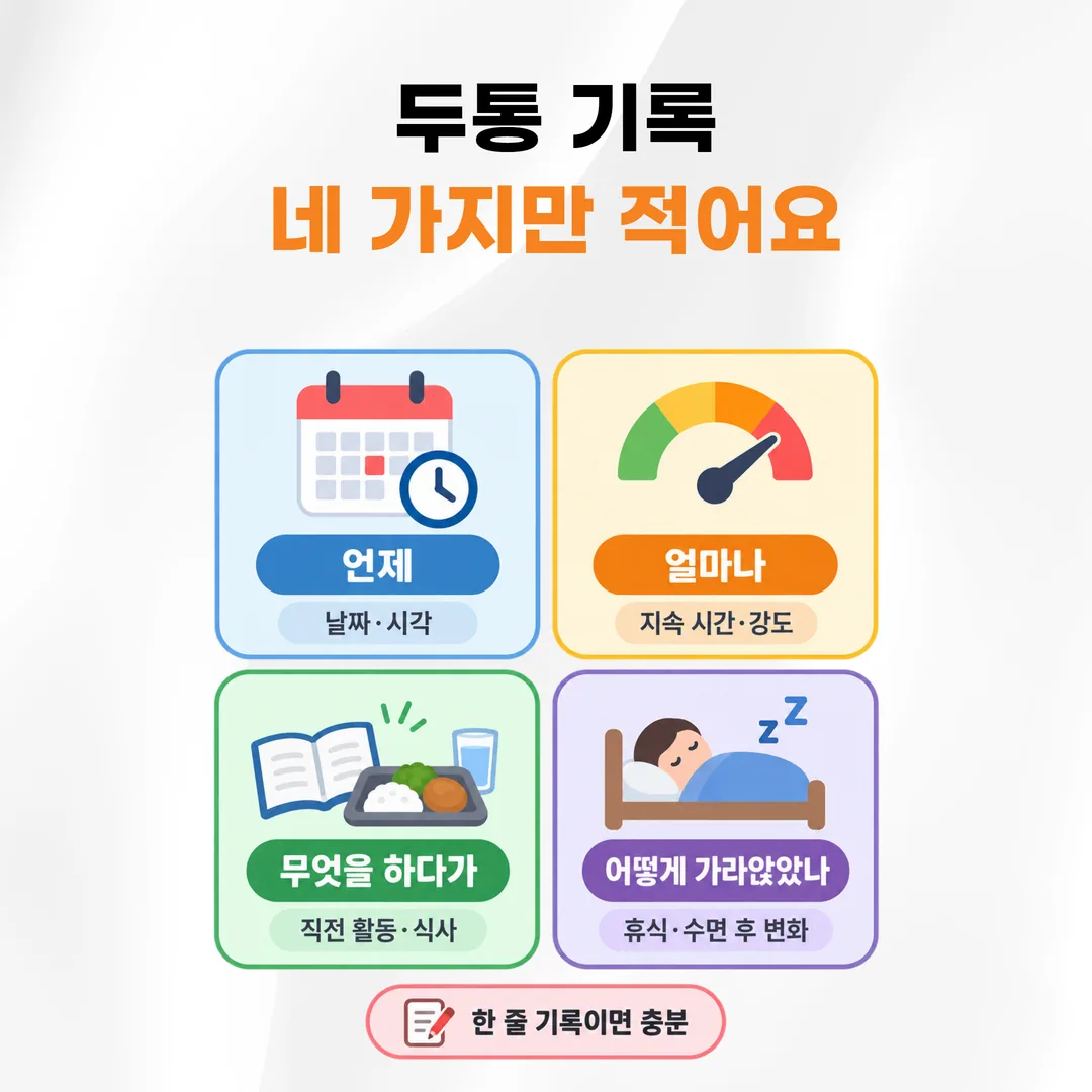 소아 두통 일지 네 칸 기록 카드
