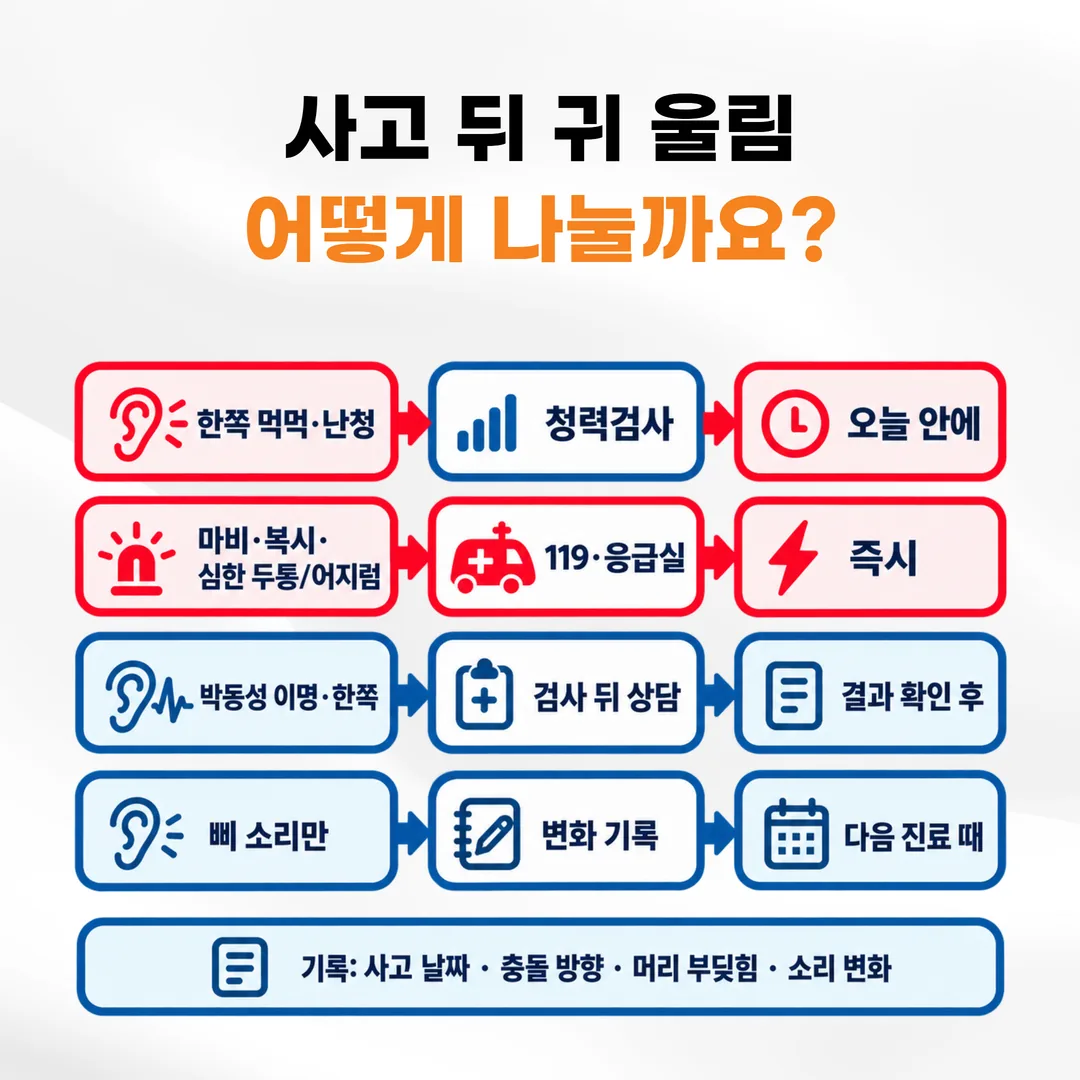 사고 뒤 귀 울림의 네 가지 신호별로 오늘 안에 청력검사, 즉시 119, 결과 확인 뒤 상담, 기록 후 다음 진료로 행동과 시점을 이은 흐름도
