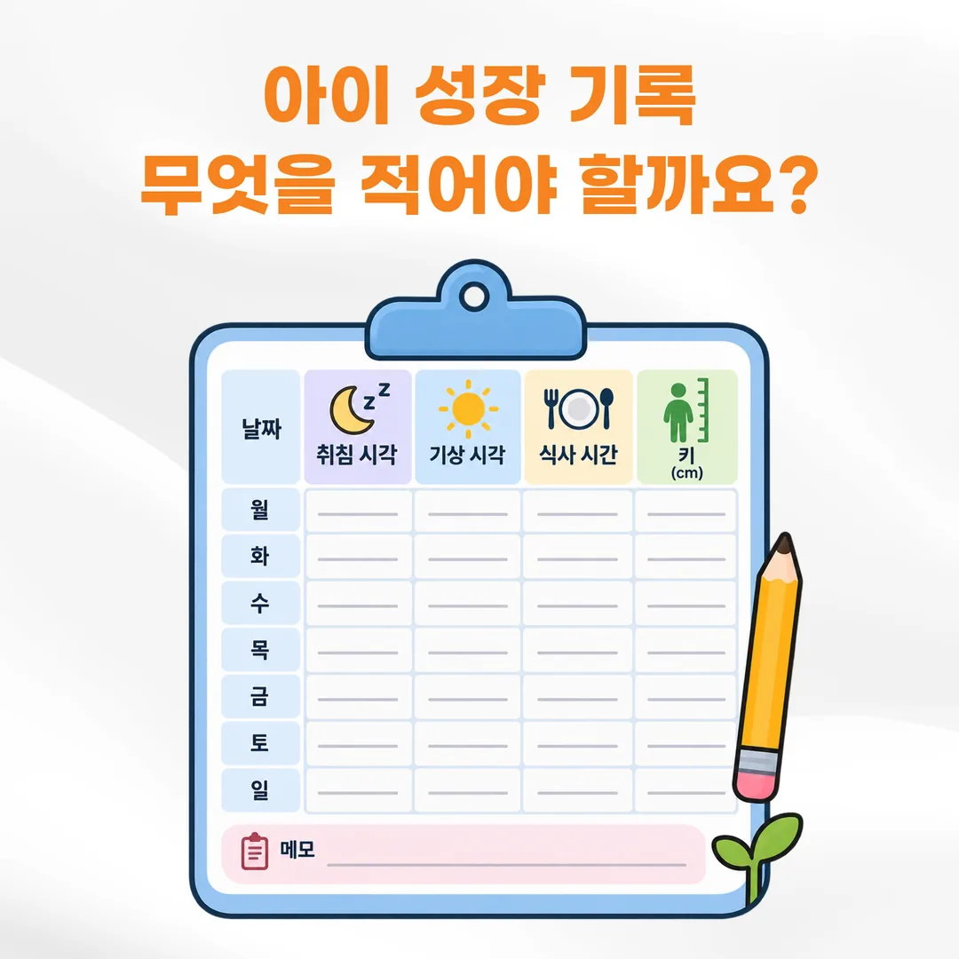 취침 기상 시각과 식사 시간 키 측정값을 함께 적는 성장 기록지