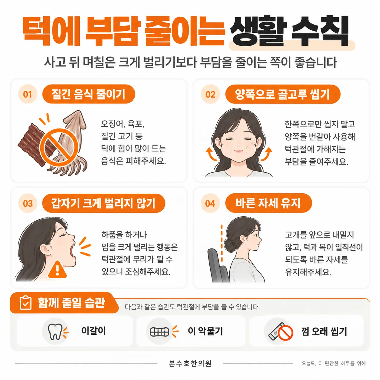 질긴 음식 줄이기, 양쪽으로 골고루 씹기, 갑자기 크게 벌리지 않기, 바른 자세 유지 네 가지를 정리한 생활 수칙 카드